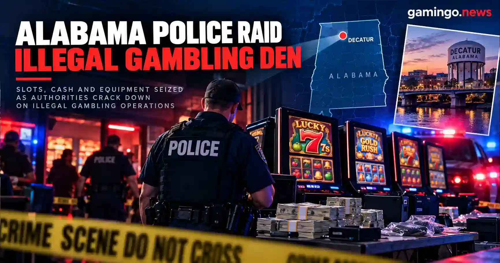 Police officer beside seized slot machines and cash behind crime scene tape, with a map of Alabama marking Decatur