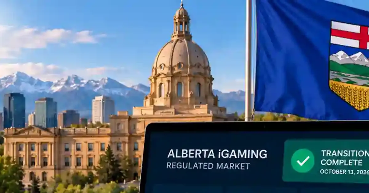 Alberta Legislature dome and provincial flag beside a screen reading Alberta iGaming regulated market, transition complete, October 13, 2026