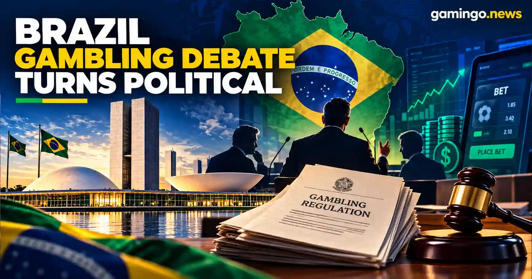 Brazil's National Congress in Brasília, the Brazilian flag and map, gambling regulation papers and a gavel beside a betting app