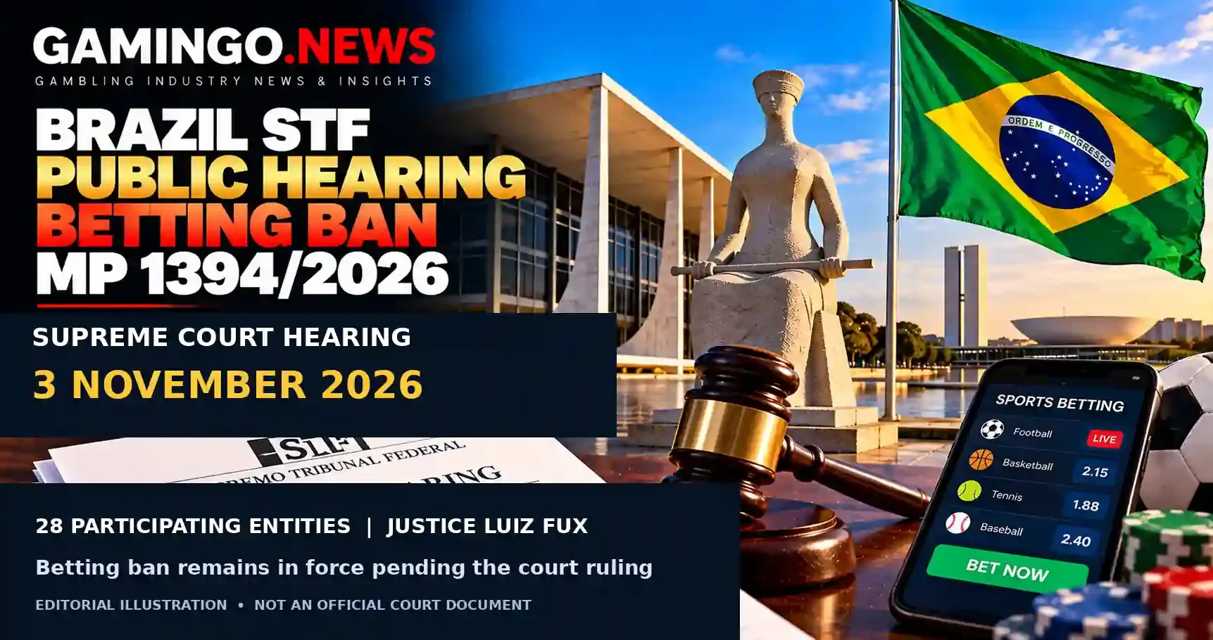 Gamingo News: Brazil's Supreme Court Sets 3 November Hearing on the Betting Ban, With 28 Entities Including Top Football Clubs. Illustration with Brazil's Supreme Court building in Brasília, a gavel and a sports betting app