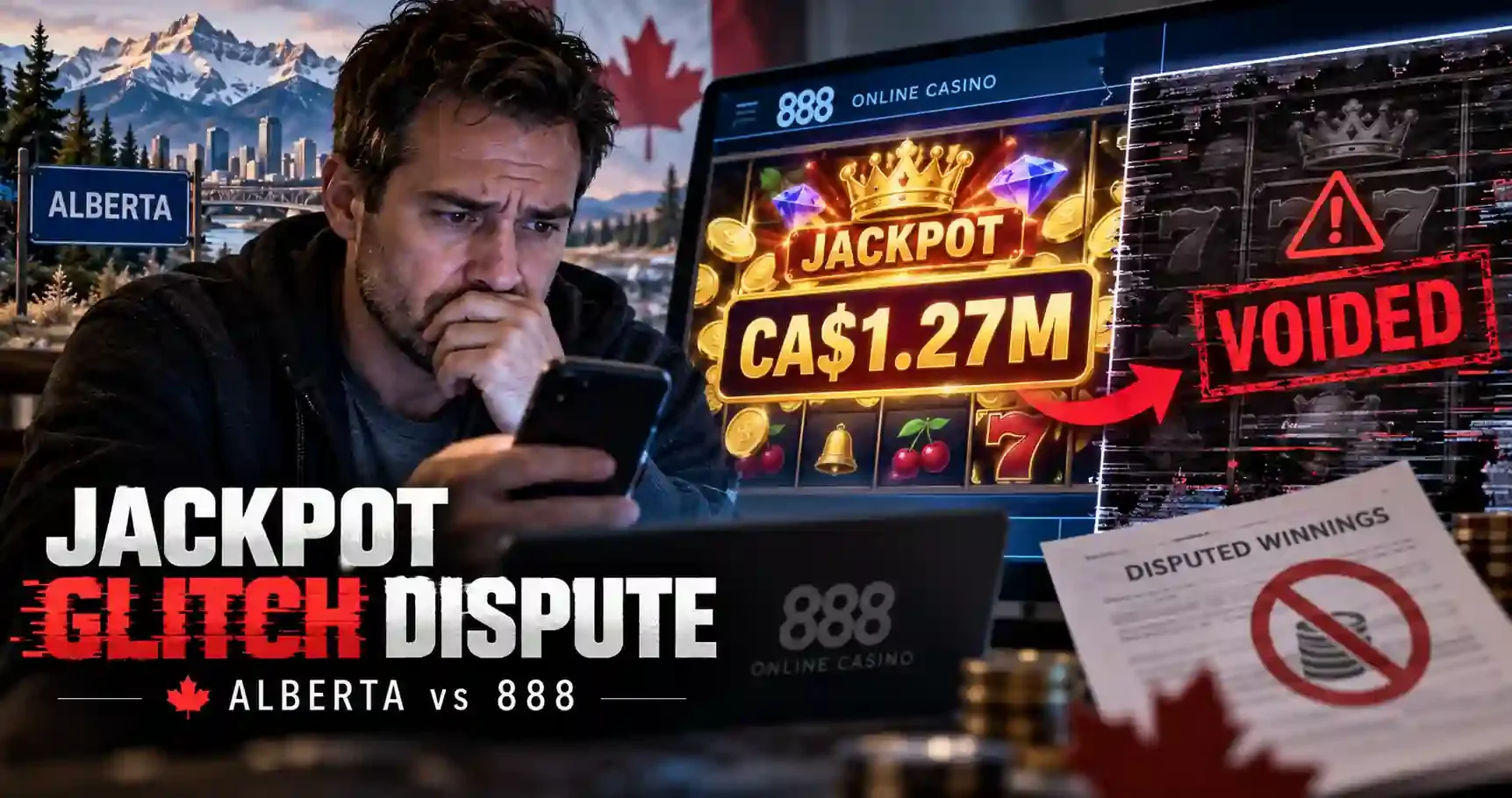 Gamingo News: Alberta Player Still Fighting 888 Over CA$1.27 Million in Jackpots Evoke Voided as a Glitch. Illustration with an online casino jackpot marked voided and a player in Alberta reviewing it