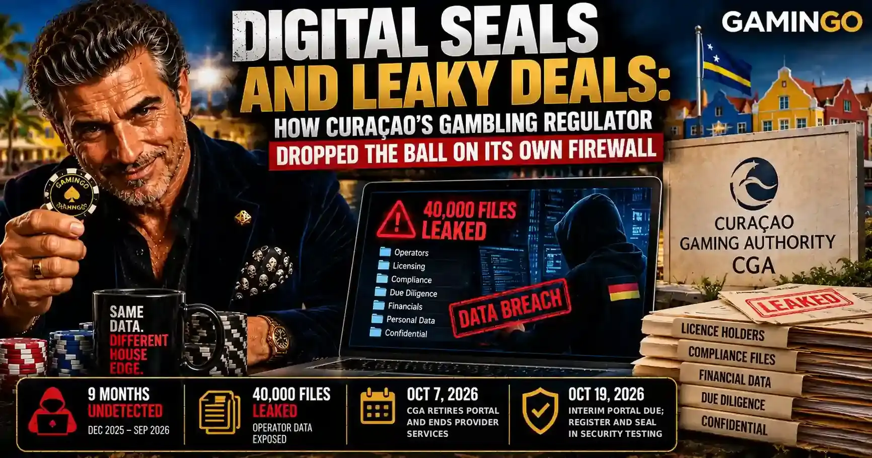 Gamingo News illustration of the Curaçao Gaming Authority data breach: Lucky Lou with a chip, a laptop showing leaked folders and a timeline from December 2025 to October 2026