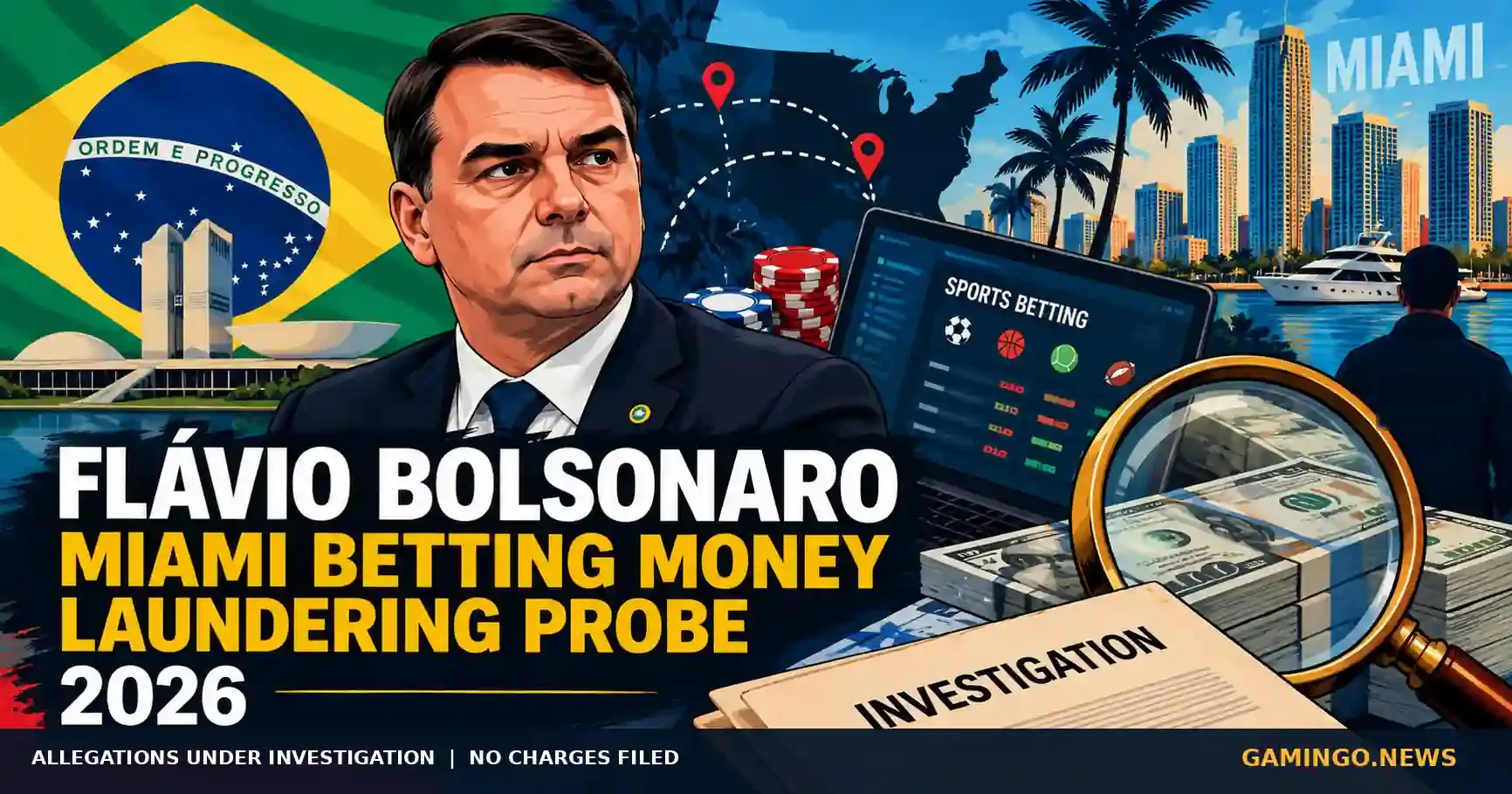 Illustration of Flávio Bolsonaro with the Brazilian flag, a sports betting screen, cash under a magnifying glass and the Miami skyline; allegations under investigation, no charges filed