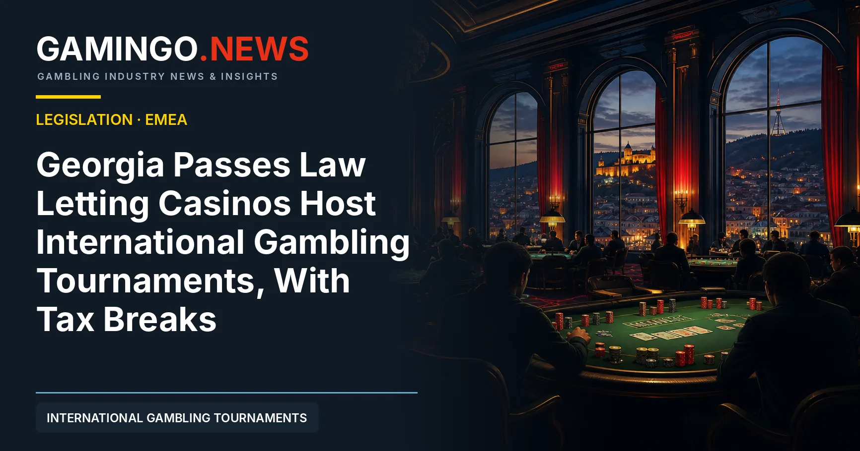 Illustration of a tournament hall in a Georgian casino with the Tbilisi skyline visible through tall windows