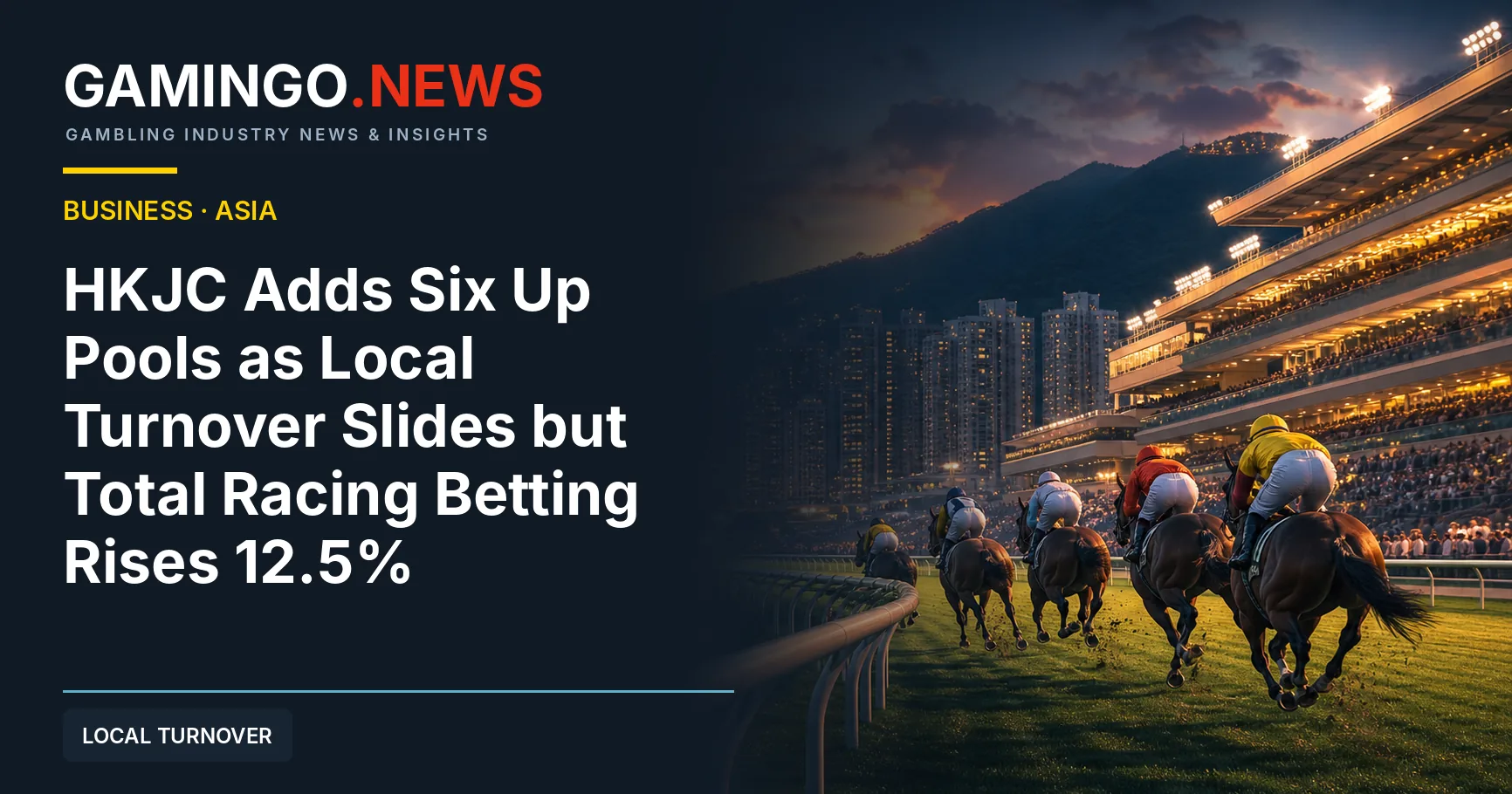 Horses race past a grandstand at a Hong Kong racecourse at dusk with high-rise towers behind