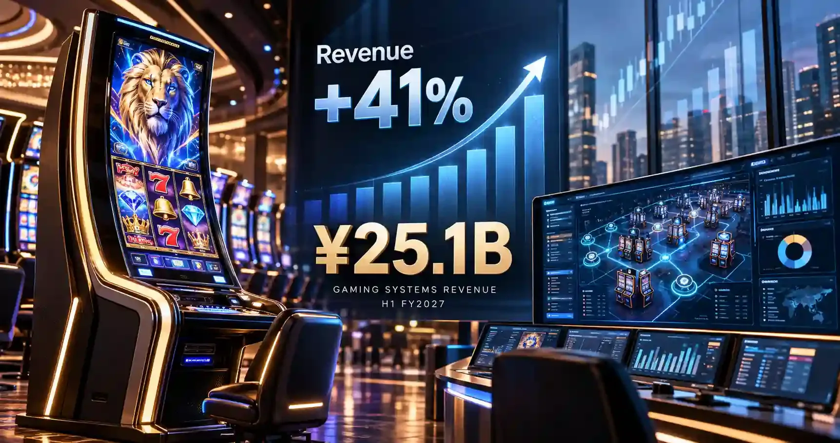 Gamingo News: Konami Gaming & Systems Revenue Rises 41% to ¥25.1 Billion in First Half as Solstice 49C Lifts Slot Sales. Illustration with a slot cabinet on a casino floor and a revenue growth chart