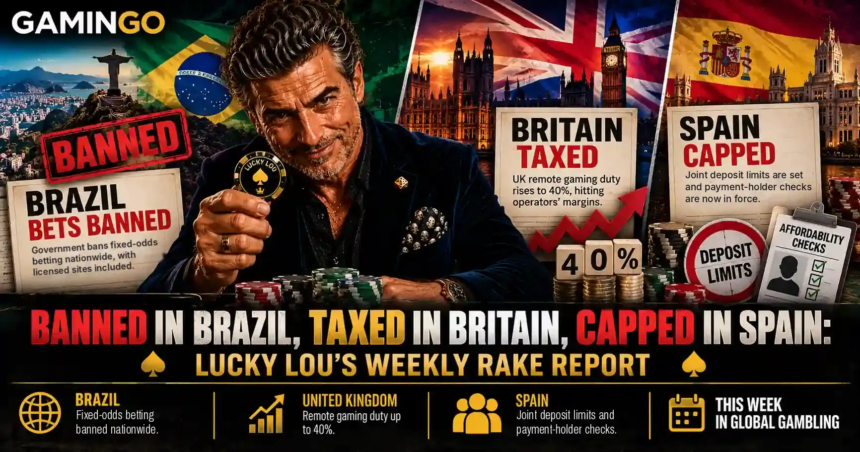 Lucky Lou holding a poker chip in front of Brazil, Britain and Spain panels: Brazil bets banned, Britain taxed, Spain capped