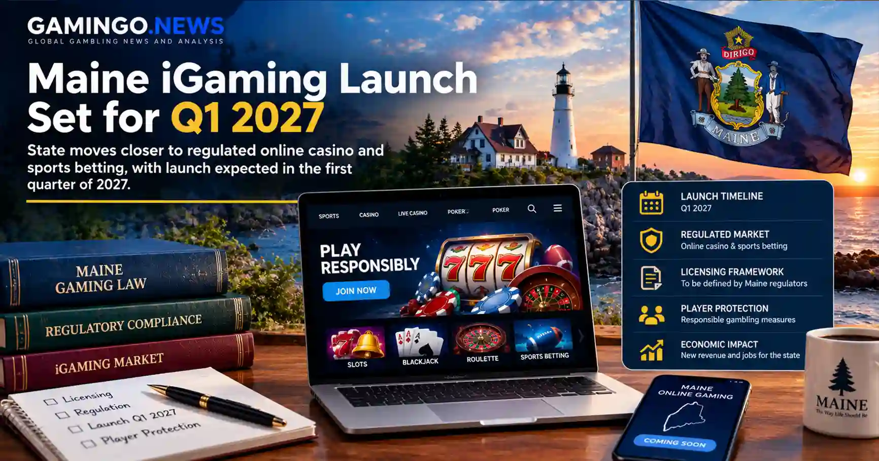 Illustration of Maine's planned online casino launch: state flag, lighthouse and regulatory themes