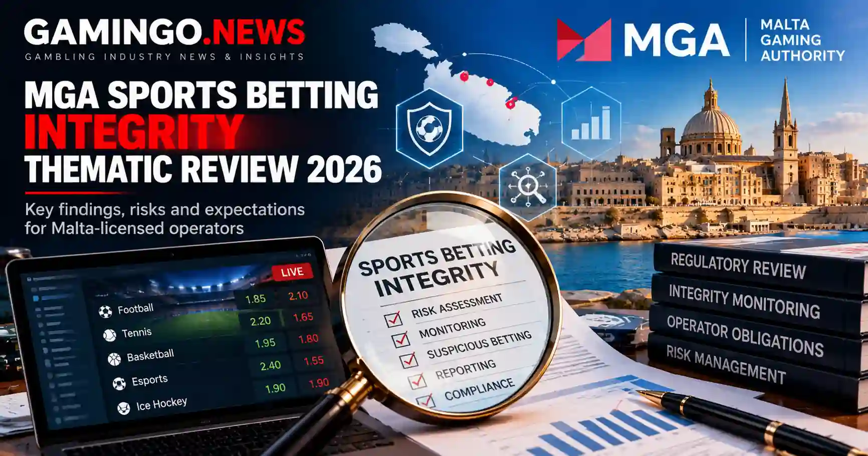 MGA sports betting integrity thematic review 2026: a magnifying glass over a risk assessment, monitoring and suspicious betting checklist, a live odds screen and Valletta
