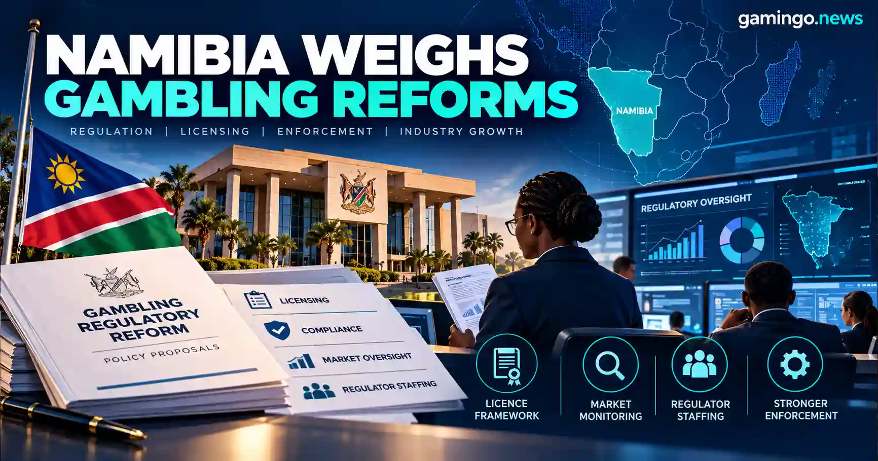 Namibian flag, a government building and gambling regulatory reform papers, with staff monitoring market oversight dashboards