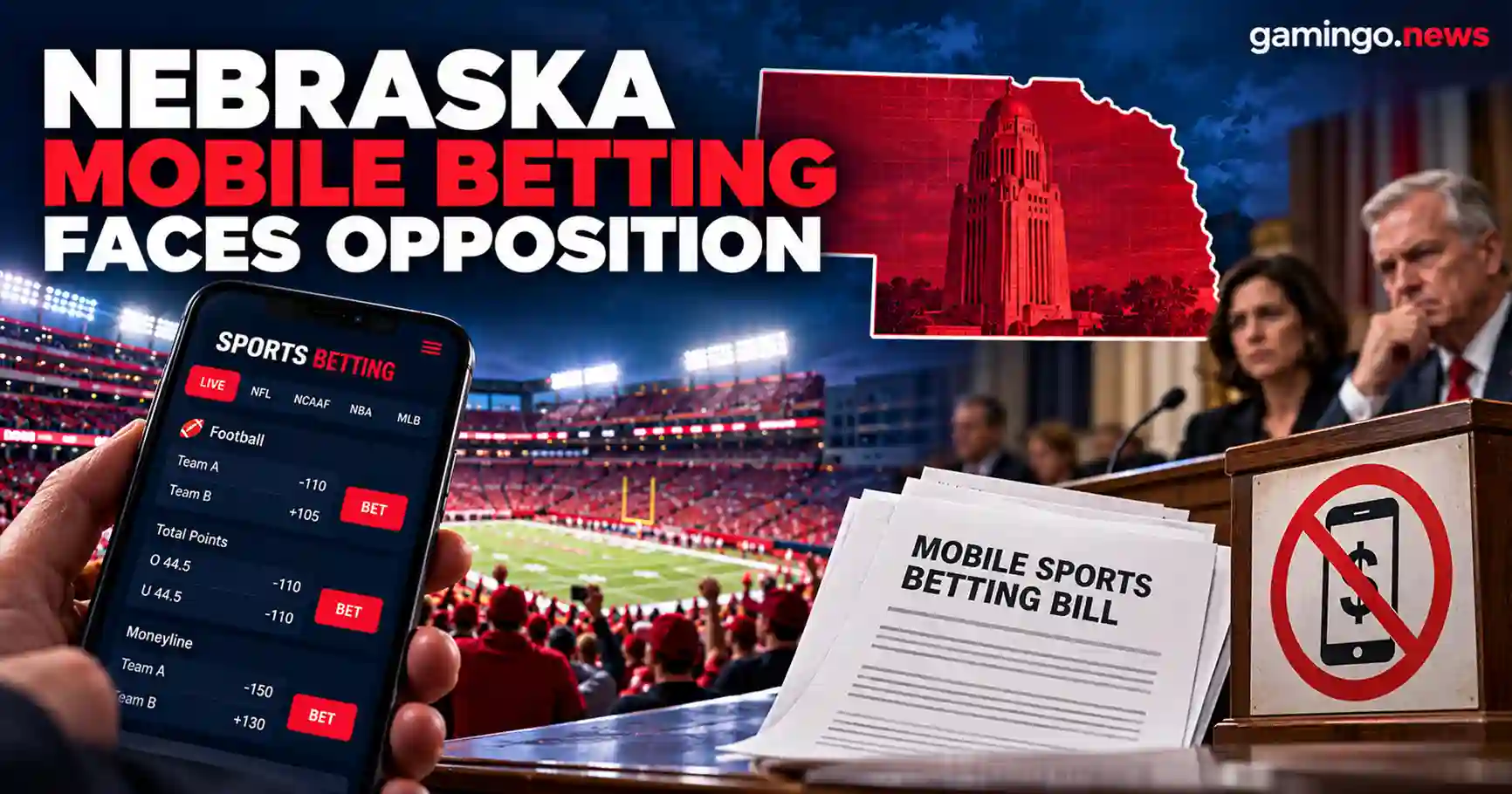 A sports betting app over a packed football stadium, the Nebraska State Capitol on a map of the state, and a mobile sports betting bill at a hearing