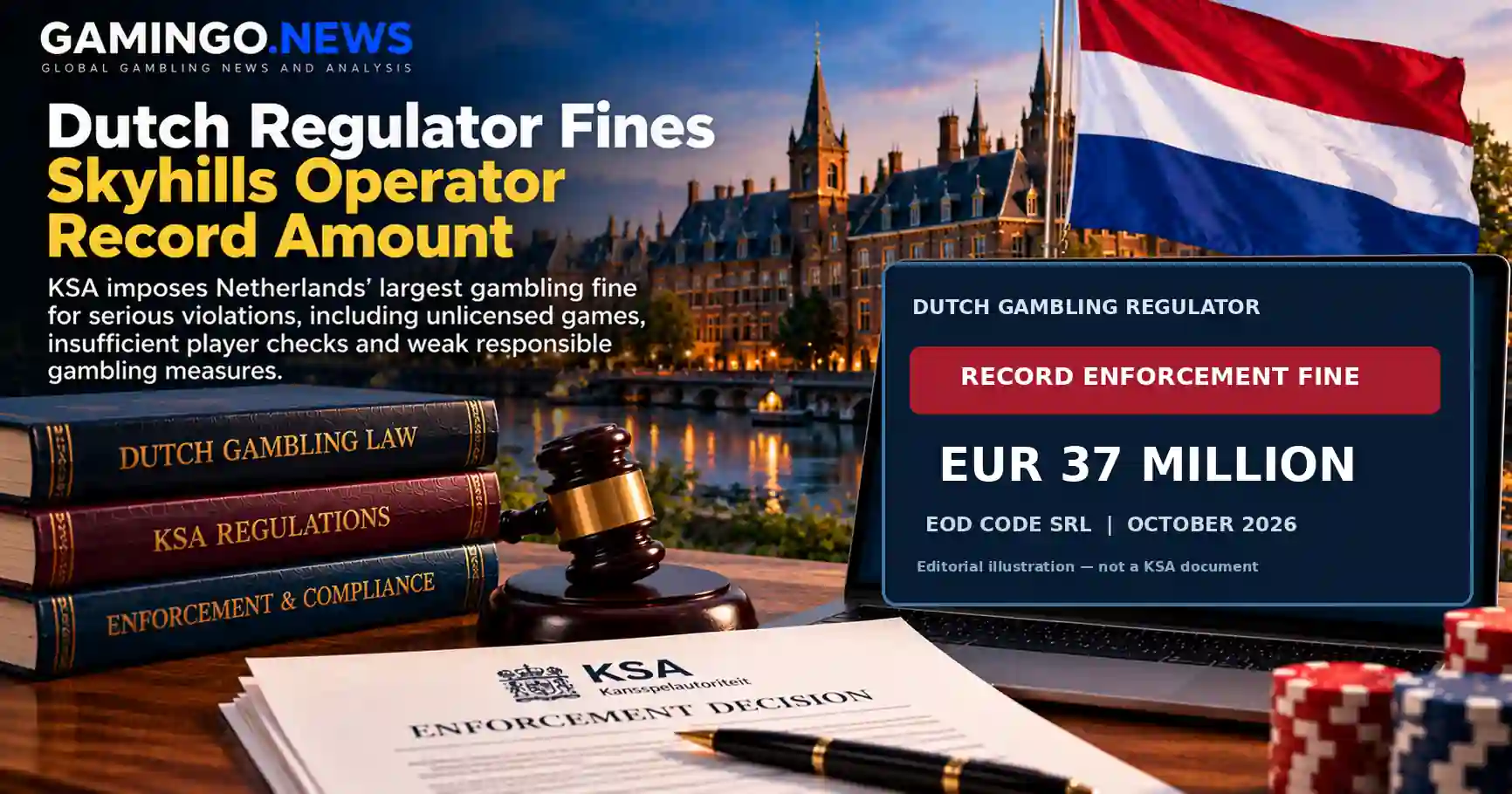 Gamingo News illustration of the Dutch KSA's record €37 million fine on EOD Code SRL, with a Dutch flag, The Hague and an enforcement decision