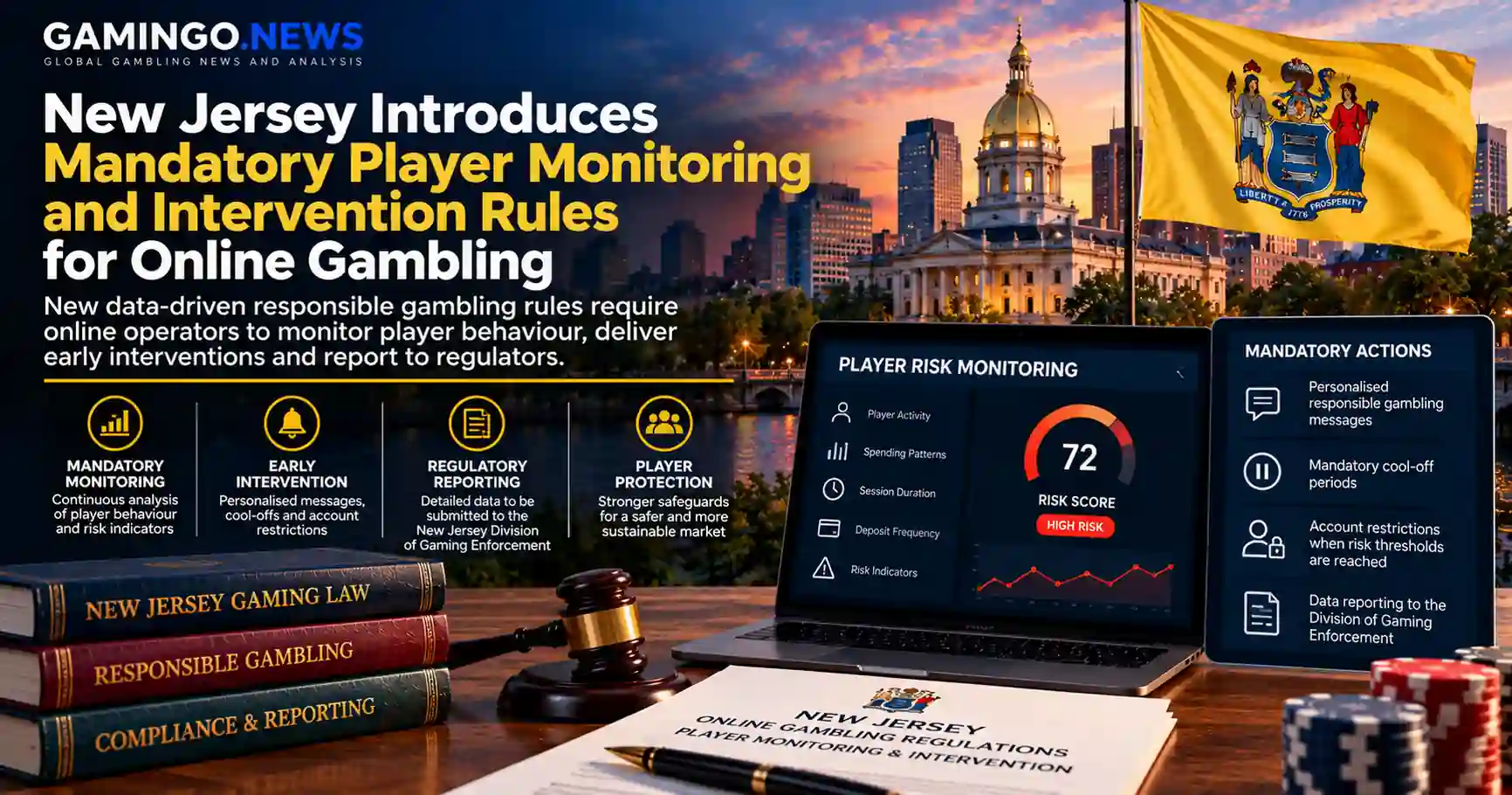 Gamingo News illustration of New Jersey's mandatory player monitoring and intervention rules for online gambling, with the State House and a risk dashboard