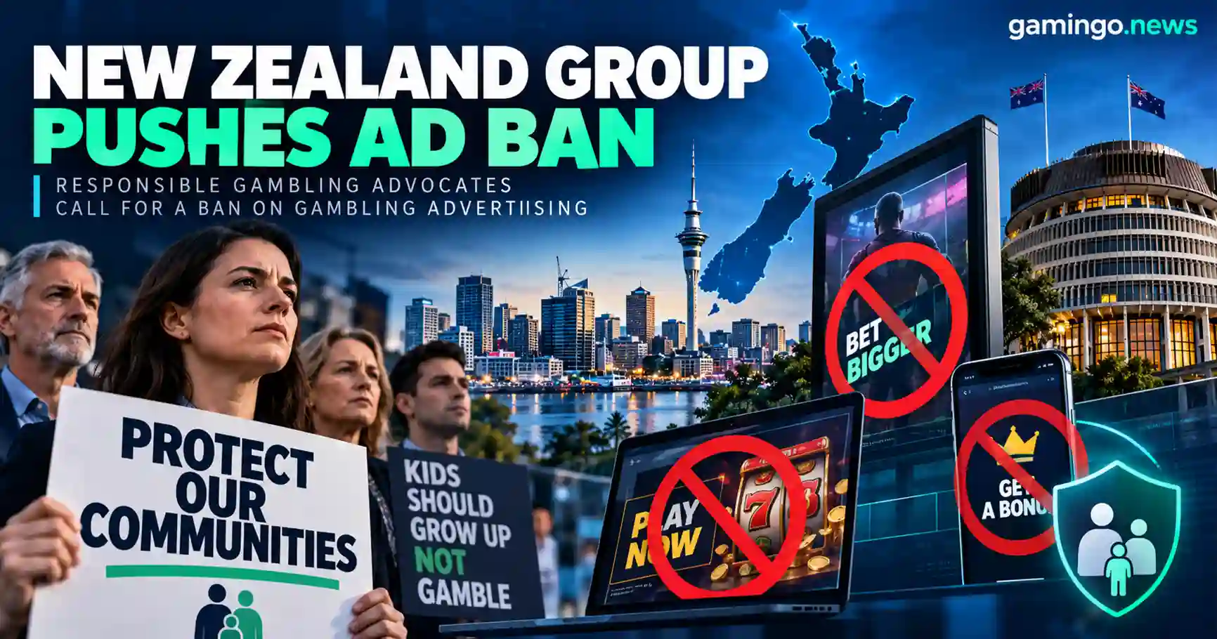 Campaigners with Protect Our Communities placards before the Auckland skyline, with crossed-out gambling ads on a billboard, laptop and phone
