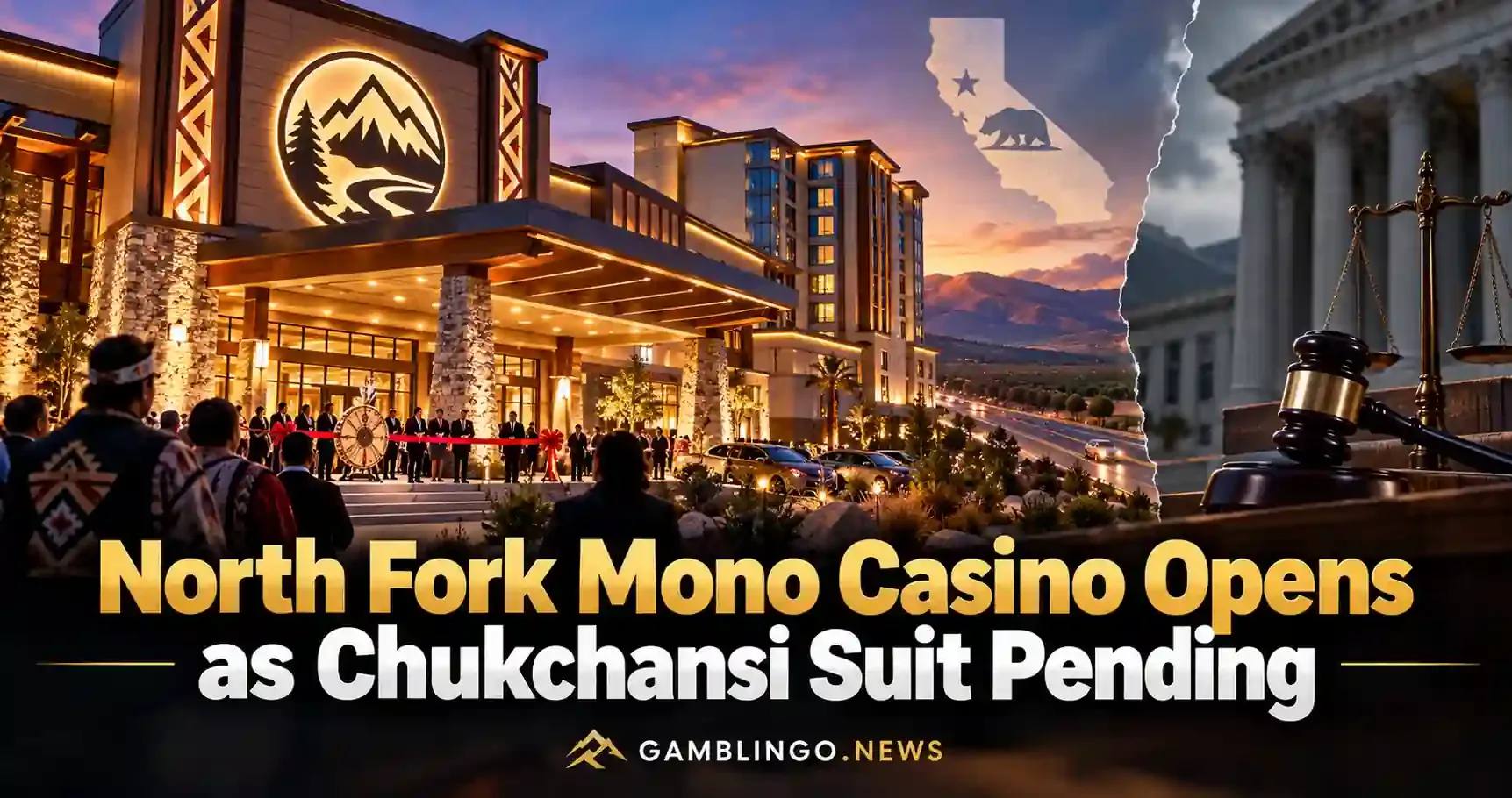 Gamingo News: North Fork Mono Casino Opens on Highway 99 in Madera County While Chukchansi Federal Lawsuit Awaits Ruling. Illustration with a new tribal casino resort opening at dusk beside a courthouse and gavel