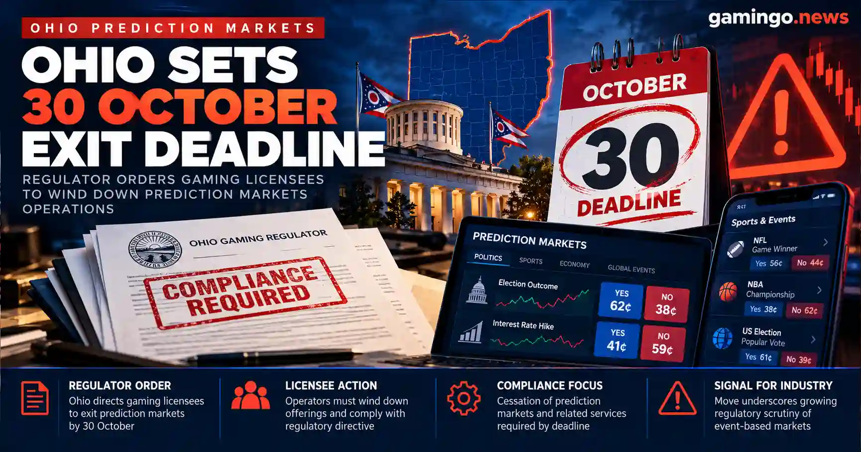 Ohio Statehouse, a compliance notice from the state gaming regulator, a calendar marked 30 October and prediction market screens