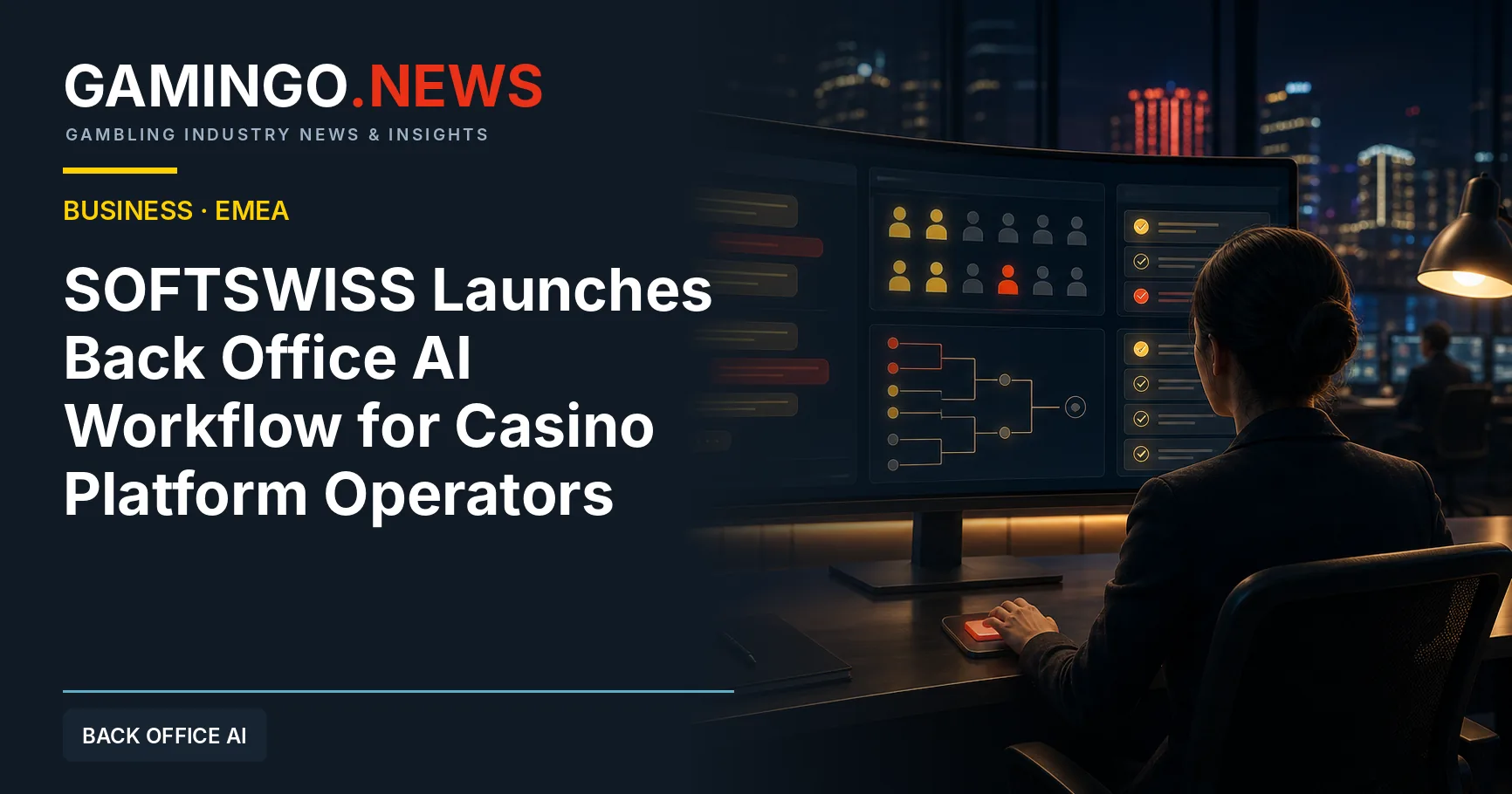 Casino operations desk with a monitor showing an AI chat interface beside player segment and tournament dashboards