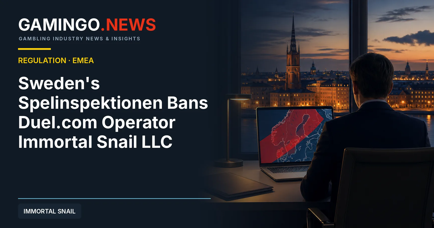 Illustration of a Stockholm office at dusk with a laptop showing Scandinavia behind a red barrier