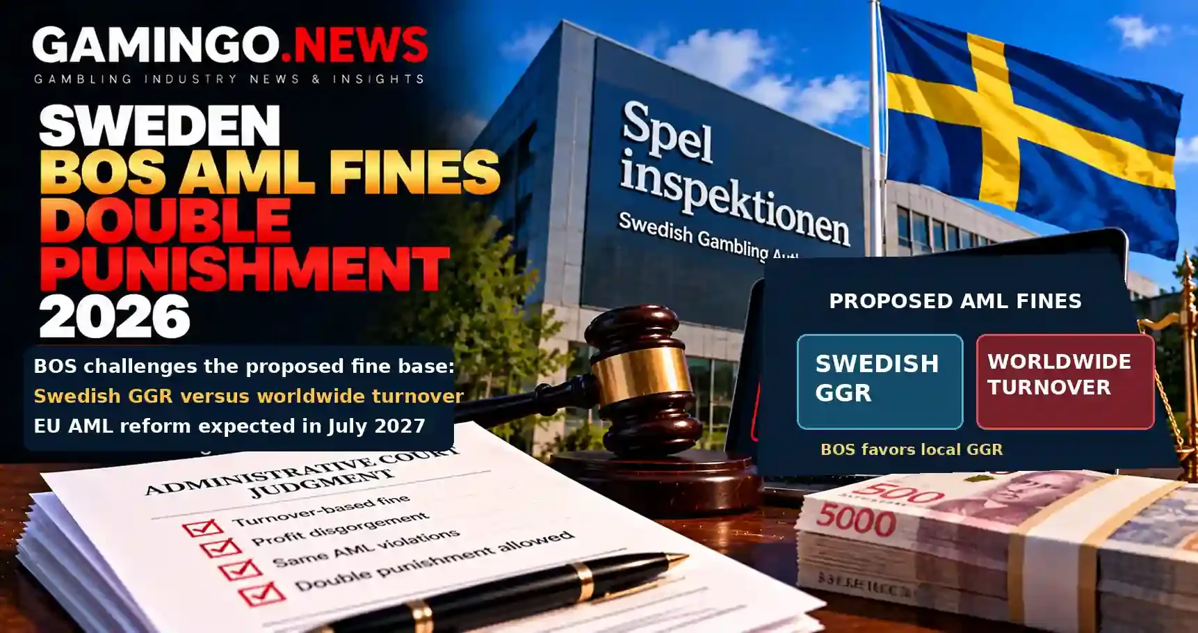 Gamingo News: Swedish Trade Body BOS Says EU AML Fine Plan Risks Double Punishment for Gambling Operators. Illustration with Sweden's gambling regulator building, a gavel and a fine-base comparison