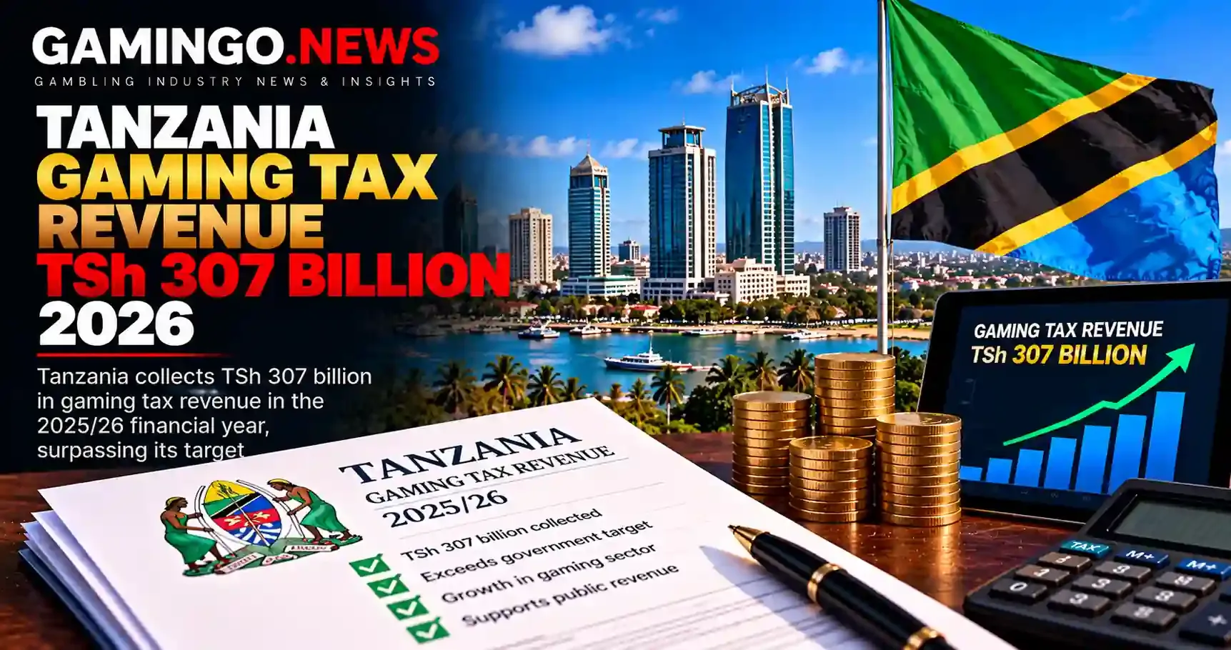 Gamingo News: Tanzania Collects TZS307.8 Billion in Gaming Tax as Gaming Board Plans Central Self-Exclusion Register. Illustration with the Dar es Salaam skyline, coins and a gaming tax revenue chart