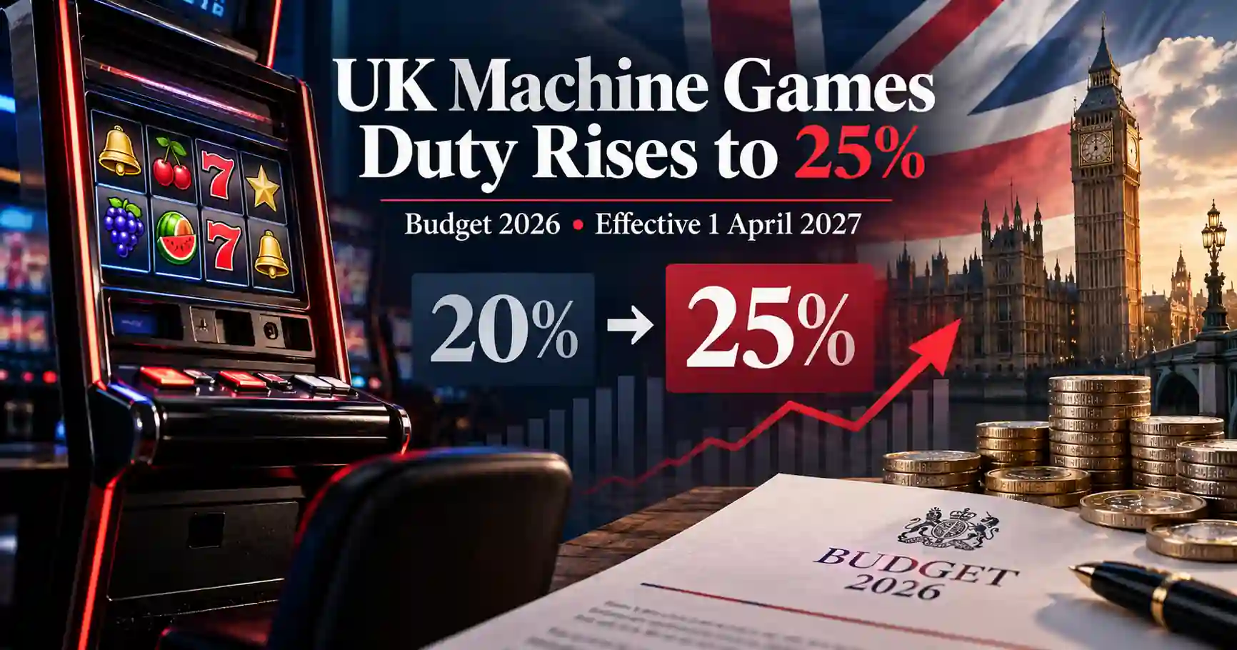 UK Machine Games Duty rises from 20% to 25% in Budget 2026, effective 1 April 2027: slot machine, Big Ben and the Budget papers
